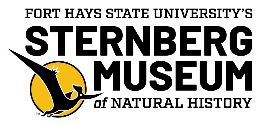 Logo for Fort Hays State University Sternberg Museum of Natural History with a goldenrod circle and a black drawing of a winged dinosaur inside it in the lower left corner.