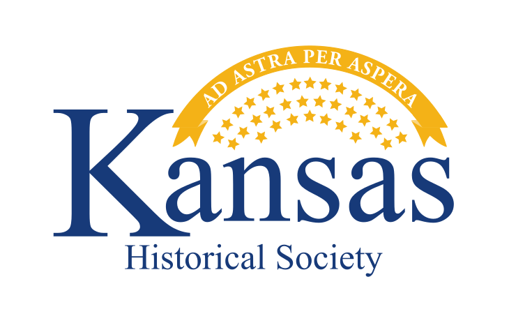 Kansas Historical Society Logo with text in blue and "Ad Astra Per Aspera" in white on a yellow banner arching above with yellow stars below.