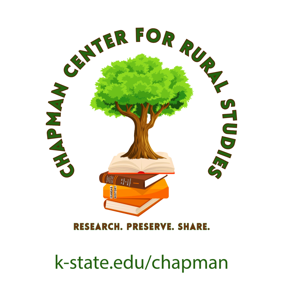 Chapman Center for Rural Studies logo with a tree growing out of a stack of books and the words research, preserve, share underneath and the website k-state.edu/chapman at the very bottom.