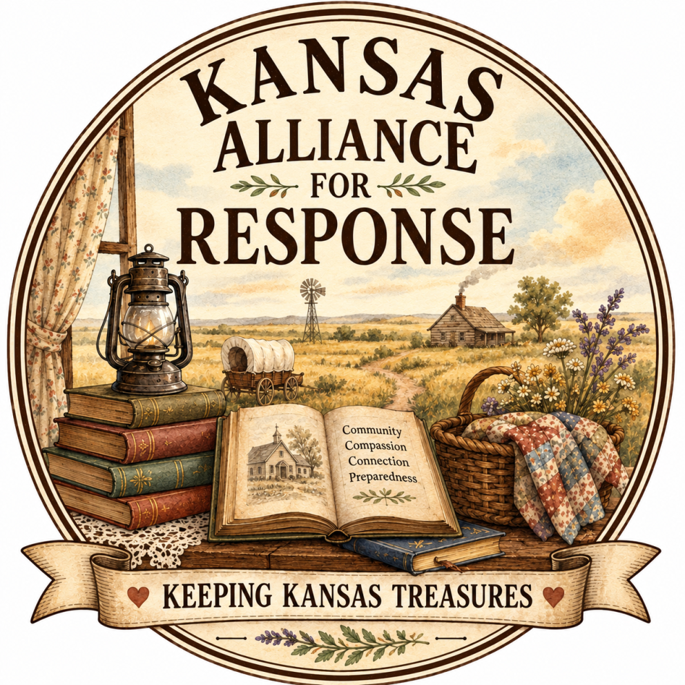 Kansas Alliance for Response illustrated logo with a prairie scene including a windmill and log home in a field in the back and a lantern, books, and a picnic basket with quilt in the foreground with "keeping Kansas treasures" at the bottom.