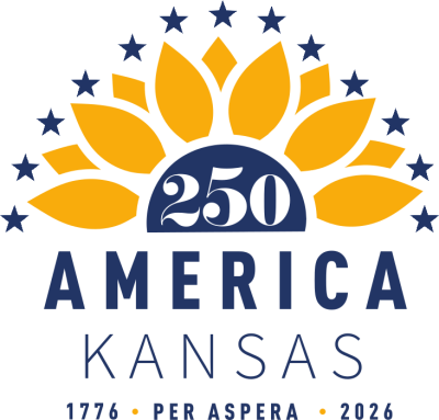 Image of the top half of a stylized yellow sunflower with blue stars forming an arch above it and "250" in the middle above "America Kansas" and "1776 * Per Aspera * 2026" 