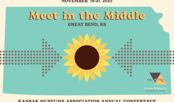 Kansas Museums Association 2025 Conference Logo - aqua image of the state of Kansas with a sunflower in the middle and two arrows on either side pointing to it with the text, "November 19-21, 2025 Meet in the Middle Great Bend, KS."